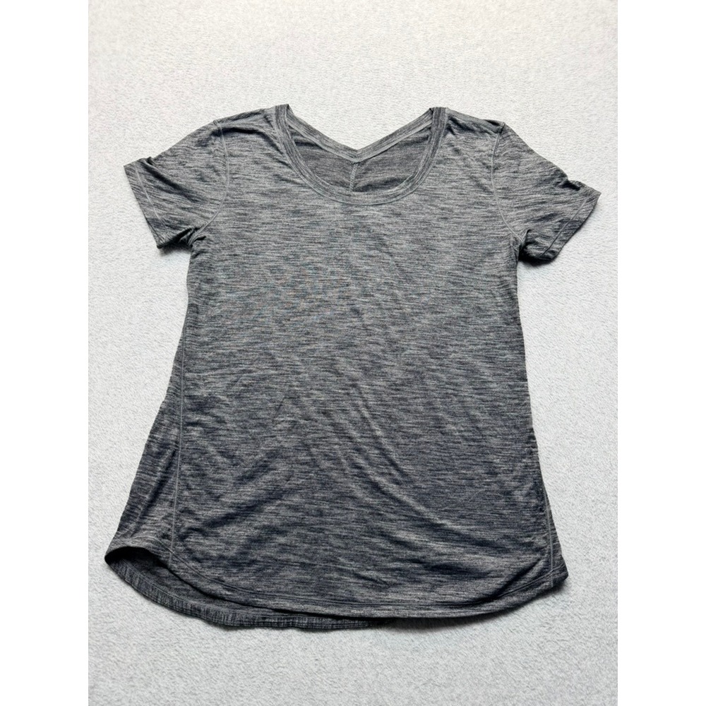 Lululemon Heathered Grey Space Dye Short Sleeve Athletic Top Cinched Back Size 8